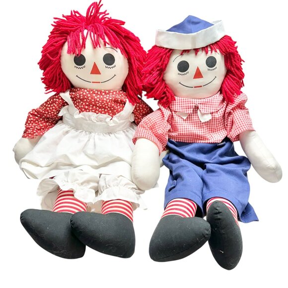 Handmade 1960s Raggedy Ann Andy Dolls Red Yarn Hair Cloth Bodies Classic 34x19 - Picture 1 of 16